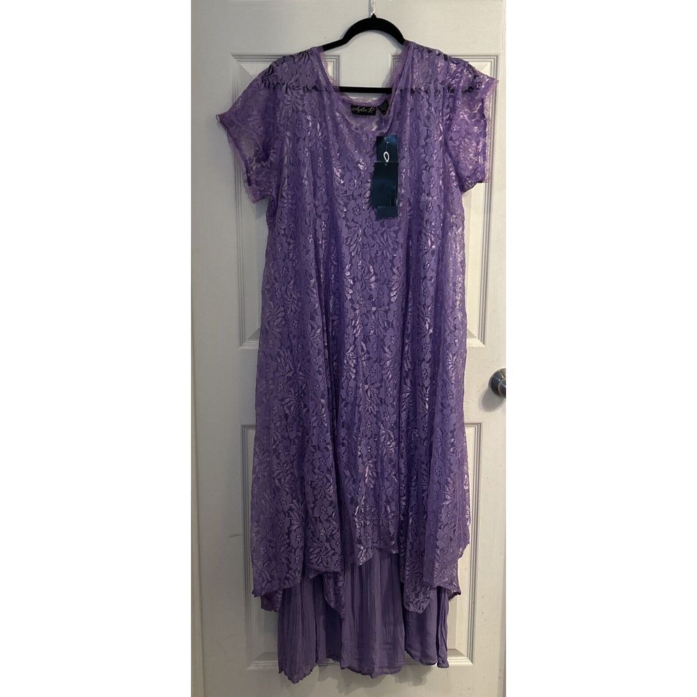 NWT Lola P Dress Womens Size XL‎ Violet Layered Lace Overlay Maxi Short Sleeve